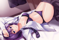 Rule 34 | 1girl, blue eyes, bra, breasts, cleavage, collarbone, commentary request, female focus, huyumitsu, long hair, looking at viewer, lying, medium breasts, navel, on back, open clothes, original, panties, purple hair, school uniform, smile, solo, underwear