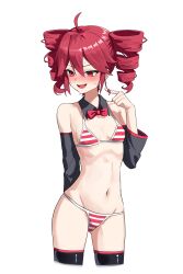 1girl :d absurdres ahoge bikini black_thighhighs blush bow bowtie breasts commentary_request cowboy_shot cropped_legs detached_collar detached_sleeves drill_hair gluteal_fold highres hu2924 kasane_teto kasane_teto_(sv) kasane_teto_(utau) looking_to_the_side medium_hair meme_attire micro_bikini miku_collar_bikini navel open_mouth red_bikini red_bow red_bowtie red_eyes red_hair simple_background small_breasts smile solo standing stomach striped_bikini striped_clothes sweat swimsuit synthesizer_v thighhighs twin_drills twirling_hair utau white_background white_bikini