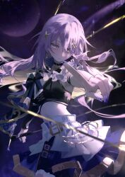 1girl absurdres black_bustier black_capelet blonde_hair blue_skirt breasts bustier capelet colored_inner_hair cowboy_shot crop_top cross-laced_clothes detached_sleeves expressionless fingernails gradient_eyes hair_ornament hairclip half_capelet highres holding holding_microphone hololive hololive_indonesia idol idol_clothes index_finger_raised kyoro_ina layered_skirt long_fingernails long_hair looking_at_viewer medium_breasts microphone midriff miniskirt moona_hoshinova moona_hoshinova_(work) multicolored_eyes multicolored_hair navel no_pants official_alternate_costume pointing pointing_at_viewer purple_eyes purple_hair purple_nails reaching reaching_towards_viewer single_detached_sleeve skirt solo space star_(symbol) star_hair_ornament two-tone_hair virtual_youtuber white_skirt yellow_eyes