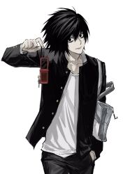 1boy bag bags_under_eyes black_eyes black_hair black_pants cellphone cowboy_shot death_note flip_phone gakuran hair_between_eyes hand_in_pocket highres holding holding_phone l_(death_note) long_sleeves looking_at_viewer male_focus pants phone school_uniform shirt short_hair shoulder_bag simple_background solo sso_s tongue tongue_out white_background white_shirt