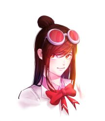 1girl ace_attorney bad_id bad_pixiv_id bow bowtie brown_hair ema_skye glasses lab_coat red_bow red_bowtie smile solo solo_focus white_background yellow_eyes