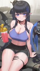 1girl animal animal_on_head arm_support bare_shoulders black_hair black_nails black_shorts blue_eyes blue_sports_bra breasts cleavage commission crescent crescent_earrings cup demon_girl demon_tail demon_wings ear_piercing earrings extra_eyes facial_mark hand_on_another&#039;s_neck highres holding holding_cup jewelry large_breasts long_hair looking_at_viewer mole mole_on_breast mole_on_thigh navel on_head one_side_up piercing pointy_ears rem_kanashibari rushian short_shorts shorts sideboob sitting skeb_commission smile solo sports_bra sports_drink stomach stud_earrings sweat tail thigh_strap thighs v4mirai very_long_hair virtual_youtuber wings workout_clothes zzz
