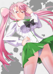 1girl absurdres bow bowtie breasts buttons closed_mouth fujimi_high_school_uniform glasses green_bow green_bowtie green_sailor_collar green_skirt hair_ribbon hand_on_own_hip highres highschool_of_the_dead large_breasts long_hair long_sleeves panties pink_eyes pink_hair pleated_skirt ribbon rimless_eyewear sailor_collar sailor_shirt school_uniform serafuku shirt skirt solo standing takagi_saya toku_sonchou twintails underwear white_shirt