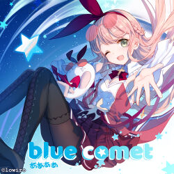 1girl ;d arcaea bison_cangshu black_boots black_pantyhose boots bow bowtie braid breasts commentary_request copyright_notice cross detached_sleeves dress falling floating_hair foot_out_of_frame green_eyes hair_ribbon hairband half_up_braid highres holding holding_stuffed_toy kou_(arcaea) lace-up_boots long_hair looking_at_viewer medium_breasts night official_art one_eye_closed open_mouth pantyhose pink_hair pleated_skirt red_bow red_bowtie red_dress red_hairband red_ribbon red_skirt red_sleeves ribbon shooting_star_(symbol) skirt sky smile solo song_name star_(sky) star_(symbol) stuffed_toy thigh_boots very_long_hair