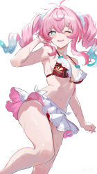 1girl ;) absurdres aqua_eyes aqua_hair bikini breasts commentary_request drill_hair highres honkai:_star_rail honkai_(series) hyacine_(honkai:_star_rail) maria_(maria_rose) medium_breasts multicolored_hair navel one_eye_closed parted_lips pink_hair red_bikini simple_background smile solo stomach swimsuit twin_drills two-tone_hair white_background