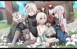 1boy 4girls bandaged_arm bandaged_leg bandages blue_eyes book brother_and_sister commentary_request copyright_name devola emil_(nier) flower grimoire_weiss hair_flower hair_ornament head_wreath highres kaine_(nier) lingerie lunar_tear multiple_girls negligee nier nier_(brother) nier_(brother)_(post_timeskip) nier_(series) popola rainbow red_hair scarf siblings silver_hair tamakingx422x twins underwear yonah