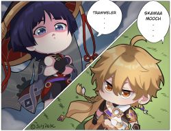 Rule 34 | 2boys, aether (genshin impact), black hair, blonde hair, braid, brown gloves, chibi, earrings, english text, eyeshadow, genshin impact, gloves, grey eyes, hat, highres, jewelry, jingasa, julydelic, long hair, makeup, multiple boys, open mouth, red eyeshadow, scaramouche (genshin impact), shading eyes, short hair, short sleeves, single braid, single earring, veil, yellow eyes