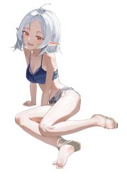Rule 34 | 1girl, absurdres, ahoge, bikini, blue bikini, breasts, chinese commentary, cleavage, collarbone, commentary request, elf, feet, full body, highres, kuonxv, lying, medium breasts, medium hair, mushoku tensei, navel, on side, open mouth, pointy ears, red eyes, sandals, simple background, soles, solo, swimsuit, sylphiette (mushoku tensei), thighs, toes, white background, white hair, white sandals