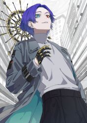 Rule 34 | absurdres, android, black pants, blue eyes, blue hair, cigarette, coat, gender request, grey coat, grey shirt, heterochromia, highres, holding, holding cigarette, mole, mole under eye, open clothes, open coat, original, pants, red eyes, shirt, short hair, solo, turtleneck, xxx akc