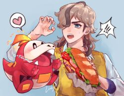 ! !! 1boy 1other artist_name arven_(pokemon) commentary_request food fuecoco grey_hair heart highres holding holding_food looking_at_another looking_at_food lucyafk male_focus multicolored_hair nintendo pokemon pokemon_(creature) pokemon_sv shirt signature speech_bubble spoken_heart streaked_hair sweatdrop vest white_shirt yellow_vest