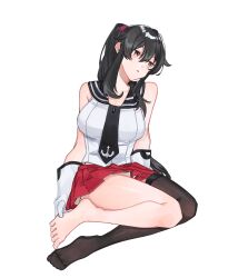 1girl absurdres anchor_symbol bare_shoulders black_hair black_sailor_collar breasts gloves hair_between_eyes highres kabe_(inunufuwafuwa) kantai_collection large_breasts long_hair miniskirt parted_lips pleated_skirt red_eyes red_skirt sailor_collar sidelocks simple_background single_bare_foot single_thighhigh sitting skirt sleeveless solo thighhighs white_background white_gloves yahagi_(kancolle)