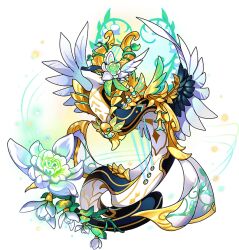 amphiptere dragon dragon_village_(series) dragon_village_collection extra_eyes feathered_wings flower flower_on_head game_cg green_eyes harp head_wings instrument looking_at_viewer no_humans official_art semilla_(dragon_village) semilla_(hope)_(dragon_village) tail tail_flower tail_ornament third-party_source third_eye_on_chest transparent_background white_flower white_wings wings