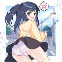 1girl absurdres anger_vein ass black_bow black_hair black_skirt blue_eyes blurry blurry_background blush border bow clothes_lift commentary_request cowboy_shot crotch_seam day from_behind garimayo hair_bow highres long_hair long_sleeves looking_at_viewer looking_back miniskirt one_side_up open_mouth original outdoors outside_border panties pantyshot pink_panties plaid_clothes plaid_panties school_uniform skirt skirt_lift solo speech_bubble spoken_anger_vein star_(symbol) star_in_eye sweater symbol_in_eye turning_head underwear v-shaped_eyebrows wavy_mouth white_border white_panties wind wind_lift yellow_sweater