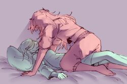 Rule 34 | 2girls, barefoot, capri pants, commentary, cushion, emotsper, english commentary, fanfiction available, highres, hinomori shizuku, limited palette, long hair, mole, mole under eye, momoi airi, multiple girls, pants, parted lips, project sekai, shorts, straddling, sweater, two side up, yuri
