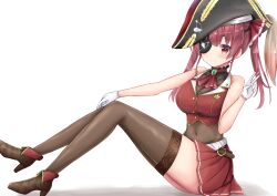 1girl ankle_boots ascot belt black_boots black_choker black_hat black_thighhighs boots breasts brown_belt choker cleavage closed_mouth covered_navel cropped_jacket eyepatch frilled_choker frills hair_ribbon hat hayashi_maka highres hololive houshou_marine houshou_marine_(1st_costume) jacket large_breasts leotard leotard_under_clothes looking_at_viewer pirate_hat red_ascot red_eyes red_hair red_jacket red_ribbon red_skirt ribbon skirt sleeveless sleeveless_jacket smile solo thighhighs twintails v virtual_youtuber
