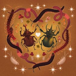 animal animal_focus animal_request antiquedeuce beetle brown_background bug centipede clover commentary earthworm english_commentary four-leaf_clover heart highres insect millipede mushroom no_humans original simple_background sparkle worm