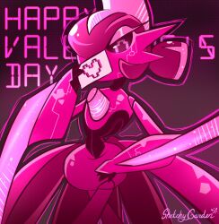 alternate_color colored_skin covering_own_mouth hand_on_own_hip happy_valentine heart highres holding holding_letter humanoid_robot iron_valiant letter looking_at_viewer looking_down nintendo pink_eyes pink_hair pink_skin pokemon pokemon_(creature) robot sketchygarden