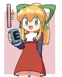 1girl :d arm_behind_back black_shirt blonde_hair bow cocia_(kosianko) dress energy_tank green_bow green_eyes hair_between_eyes hair_bow health_bar long_hair long_sleeves looking_at_viewer mega_man_(classic) mega_man_(series) open_mouth ponytail red_dress roll_(mega_man) shirt sidelocks smile solo