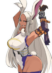 1girl absurdres animal_ears arm_strap arm_wrap armpits arms_up asymmetrical_gloves bare_shoulders boku_no_hero_academia breasts clothing_cutout commentary_request covered_navel crescent_print dark-skinned_female dark_skin fur_collar gloves grin hands_up highleg highleg_leotard highres labo81872874 large_breasts leotard long_eyelashes long_hair looking_at_viewer mirko mismatched_gloves parted_bangs purple_thighhighs rabbit_ears rabbit_girl rabbit_pose rabbit_tail red_eyes simple_background sleeveless_turtleneck_leotard smile solo tail tail_through_clothes taut_leotard thick_thighs thighhighs thighs toned toned_female very_long_hair white_background white_gloves white_hair white_leotard