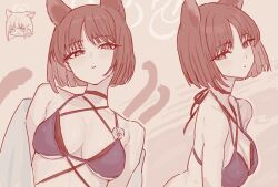 1girl animal_ears bikini black_hair blue_archive blue_bikini breasts cat_ears cat_girl cat_tail fight_yoghurt halo kikyou_(blue_archive) kikyou_(swimsuit)_(blue_archive) looking_at_viewer medium_breasts multiple_tails official_alternate_costume sepia short_hair swimsuit tail