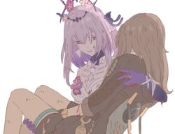 2girls artist_name bare_shoulders black_coat black_gloves black_skirt black_tiara blood blood_on_arm blood_on_clothes blood_on_face breasts butterfly_ornament carrying castorice_(honkai:_star_rail) chain coat colored_inner_hair commentary dress english_commentary flower flower_ornament gloves gold_chain grey_hair hair_between_eyes hair_ribbon honkai:_star_rail honkai_(series) injury korshokor long_hair long_sleeves looking_at_another medium_breasts multicolored_hair multiple_girls open_mouth pink_flower pink_hair pocket_watch pointy_ears princess_carry purple_eyes purple_flower purple_gloves purple_hair purple_ribbon ribbon sidelocks simple_background skirt sleeveless sleeveless_dress stelle_(honkai:_star_rail) strapless strapless_dress thigh_strap tiara trailblazer_(honkai:_star_rail) watch white_background white_dress