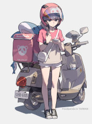 1girl bag black_shoes brown_hair cellphone english_text foodpanda full_body grey_background grey_eyes handbag helmet highres looking_at_phone motor_vehicle motorcycle motorcycle_helmet original phone pink_shirt scooter shirt shoes short_shorts shorts simple_background smartphone sneakers solo stuffed_animal stuffed_shark stuffed_toy taiwan tennohi white_shorts