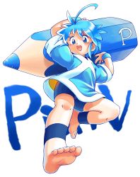 1girl barefoot bike_shorts blue_eyes blue_hair feet female_focus foot_focus full_body highres matching_hair/eyes open_mouth oversized_object oyatsu_(mk2) pencil pixiv pixiv-tan short_hair simple_background smile soles solo toes white_background