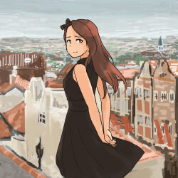 annko arms_behind_back black_dress brown_eyes brown_hair church city dress european_architecture horizon idolmaster idolmaster_(classic) lamppost looking_at_viewer looking_back minase_iori smile