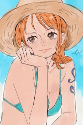1girl aqua_bikini bare_arms bare_shoulders bikini blue_sky breasts brown_eyes cleavage closed_mouth collarbone commentary_request elbow_rest hat head_rest highres lips looking_to_the_side medium_breasts nami_(one_piece) one_piece orange_hair pink_lips short_hair shoulder_tattoo single_sidelock sky solo straw_hat swimsuit tattoo ten268 upper_body