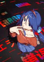 1girl absurdres arm_behind_back awmin blue_eyes blue_hair blue_skirt breasts choker crazy_mita_(miside) finger_to_mouth from_above hairband hand_up highres holding holding_knife knife large_breasts long_hair looking_up miside mita_(miside) red_choker red_hairband red_shirt shirt skirt solo
