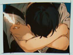 1boy backpack bag bent_back black_hair blue_background border collared_shirt commentary highres hikaru_ga_shinda_natsu holding holding_wheat iria_arts male_focus mole mole_on_arm multiple_moles school_uniform shirt short_hair short_sleeves solo tsujinaka_yoshiki white_shirt