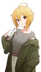 Rule 34 | 1girl, absurdres, ahoge, belt, blonde hair, blush, breasts, brown belt, buckle, collarbone, cup, disposable cup, drinking straw, green jacket, grey shirt, hair between eyes, hair flaps, hand in pocket, hand up, heart, heart-shaped buckle, highres, holding, holding cup, ibuki tsubasa, idolmaster, idolmaster million live!, idolmaster million live! theater days, jacket, long sleeves, looking at viewer, medium breasts, nnnn, off shoulder, open clothes, open jacket, parted lips, pleated skirt, red eyes, shirt, short hair, short sleeves, simple background, skirt, solo, standing, white background, white skirt