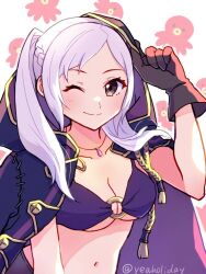 1girl bikini blush breasts brown_eyes brown_gloves cleavage cloak closed_mouth female_robin_(fire_emblem) female_robin_(seaside_tactician)_(fire_emblem) fire_emblem fire_emblem_awakening fire_emblem_heroes gloves gogatsu_(yeaholiday) hood hooded_cloak jewelry long_hair looking_at_viewer medium_breasts navel necklace nintendo o-ring o-ring_bikini o-ring_top official_alternate_costume one_eye_closed purple_bikini smile solo stomach swimsuit twintails underboob white_hair