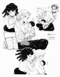 baby braid braiding_hair carrying carrying_baby carrying_person centuria_(manga) collared_shirt ctqnue diana_(centuria) facial_tattoo grabbing_another&#039;s_hair hairdressing holding_another&#039;s_hair julian_(centuria) monochrome multiple_braids multiple_scars musical_note no_pupils scar scar_across_eye scar_on_face scars_all_over shirt smile sweat tattoo titi_(centuria) too_many