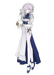 1girl apron blue_corset blue_dress blue_shoes bow braid chain collared_dress corset dress frilled_cuffs gloves green_bow grey_eyes grey_gloves grey_hair hair_bow hand_up harness_belt high_heels highres izayoi_sakuya knife long_hair maid_headdress no_mouth pocket_watch shoes side_slit simple_background solo standing touhou twin_braids watch white_apron white_background wrist_cuffs zenritsu