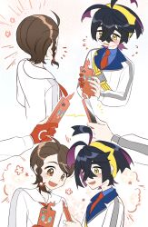 Rule 34 | 1boy, 1girl, absurdres, black hair, blue shirt, blush, braid, brown eyes, brown hair, cellphone, collared shirt, commentary request, crossed bangs, flower symbol, flying sweatdrops, gen 4 pokemon, gloves, hair between eyes, hairband, highres, holding, holding phone, jacket, juliana (pokemon), kieran (pokemon), long sleeves, mole, mole on neck, multicolored hair, multiple views, nintendo, open mouth, partially fingerless gloves, phone, pokemon, pokemon (creature), pokemon sv, purple hair, red gloves, rotom, rotom phone, shirt, single glove, smartphone, white jacket, xiaxiania, yellow eyes, yellow hairband