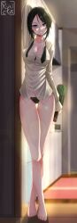 Rule 34 | 1girl, alcohol, arm behind head, bare legs, black bra, black eyes, black hair, black necktie, black panties, bottle, bra, breasts, chouno ami, cleavage, collarbone, collared shirt, commission, crossed legs, girls und panzer, highres, holding, holding bottle, indoors, necktie, no pants, panties, partially unbuttoned, ryncka, shirt, short hair, smile, standing, thighs, underwear, undone necktie, variant set, white shirt, wooden floor