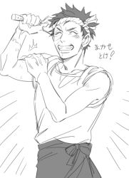 Rule 34 | 1boy, closed eyes, grin, holding, monochrome, naruto (series), naruto shippuuden, scar, scar on face, short hair, smile, solo, spiked hair, toned, toned male, translation request, uchiha obito, vosovic