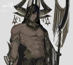 1boy abs ancient_egyptian_clothes animal_ears character_request copyright_request dark-skinned_male dark_skin looking_at_viewer male_focus muscular muscular_male navel nipples semi_(p-poco) short_hair simple_background solo upper_body white_background