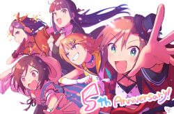 Rule 34 | 5girls, absurdres, anniversary, book, bright pupils, brown hair, choker, domyoji karin, dress, fingerless gloves, foreshortening, gloves, grin, guitar, hair ornament, hairclip, hamaguchi ayame, hat, highres, holding, holding book, holding to chest, idolmaster, idolmaster cinderella girls, idolmaster cinderella girls starlight stage, instrument, looking at viewer, mini hat, multiple girls, necktie, open mouth, orange shirt, pink necktie, running, saejima kiyomi, shirt, short hair, smile, striped clothes, striped dress, tada riina, toyosaka, tripping, unworn hat, unworn headwear, white background, white gloves, white pupils, yuuki haru