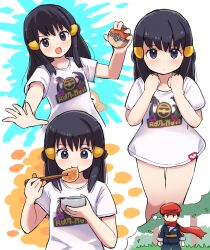 1boy 1girl akari_(pokemon) black_hair blush bottomless bowl chopsticks commentary_request eating eyelashes food grey_eyes grey_jacket grey_pants hair_ornament hairclip hat highres hisuian_poke_ball holding holding_bowl holding_chopsticks holding_poke_ball jacket kutabireta_neko long_hair nintendo pants poke_ball pokemon pokemon_legends:_arceus red_headwear red_scarf rei_(pokemon) scarf shirt short_hair sidelocks speech_bubble t-shirt textless_version thought_bubble white_shirt