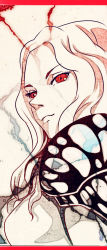 1girl armor bad_id bad_pixiv_id claymore_(series) female_focus highres letterboxed light_smile long_hair pauldrons pointy_nose red_eyes saraimer shoulder_armor solo teresa wavy_hair