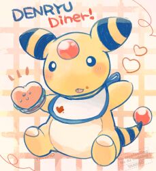 Rule 34 | ampharos, animal focus, bib, black eyes, blush, burger, food, forehead jewel, gen 2 pokemon, heart, nintendo, no humans, pokemon, pokemon (creature), pokemon focus, sauce, smile, solo, tail, tansho, tongue, tongue out