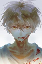 Rule 34 | 1boy, absurdres, blonde hair, blood, blood from mouth, blood on clothes, blood on face, blood on neck, chinese commentary, closed mouth, collarbone, driedpersimmonisverydelicious, eyelashes, gradient background, grey background, hair between eyes, highres, huang shaotian, looking at viewer, male focus, nosebleed, portrait, quan zhi gao shou, shirt, short hair, simple background, smile, solo, upper body, white background, white shirt, yellow eyes