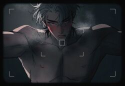 1boy black_border black_hair border bruise closed_mouth commentary eunho_(plave) grey_hair ien1012923 injury male_focus multicolored_hair nipples nude pectorals plave red_eyes solo symbol-only_commentary toned toned_male two-tone_hair upper_body viewfinder