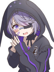 1girl animal_hood bandaid bandaid_on_cheek bandaid_on_face bandaid_on_nose black_jacket blush chest_jewel detached_collar eyepatch frilled_eyepatch grey_hair highres hololive hololive_english hood hood_up jacket jewel_under_eye koseki_bijou koseki_bijou_(casual) looking_at_viewer moai_(koseki_bijou) nero_(starlightbrakerexfb) official_alternate_costume official_alternate_hairstyle open_mouth own_hands_together purple_eyes rabbit_hood simple_background solo virtual_youtuber white_background