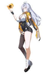 1girl absurdres ahoge breasts cleavage commentary full_body higasino3ldk highres hip_vent jacket large_breasts legs looking_at_viewer parted_lips simple_background single_thighhigh solo tachi-e thigh_strap thighhighs thighs white_background white_hair yellow_eyes yellow_jacket yixuan_(zenless_zone_zero) zenless_zone_zero