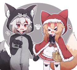 2girls animal_costume animal_ear_fluff animal_ears animal_hood apron basket big_bad_wolf big_bad_wolf_(cosplay) black_bow borrowed_character bow brown_bow brown_hair capelet commentary_request cosplay fake_animal_ears fake_tail flying_sweatdrops fox_ears fox_tail frilled_apron frilled_skirt frills fur-trimmed_capelet fur-trimmed_hood fur_trim grey_background grey_hair heart highres hood hood_up hooded_capelet horns kurotofu little_red_riding_hood_(fairy_tale) little_red_riding_hood_(fairy_tale_character)_(cosplay) little_red_riding_hood_(fairy_tale_character) multicolored_hair multiple_girls original outline pleated_skirt red_capelet red_eyes red_hair red_skirt round_image shirt skirt standing streaked_hair tail thighhighs waist_apron white_apron white_outline white_shirt white_thighhighs wolf_costume wolf_ears wolf_tail