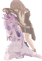 2girls arm_ribbon artist_name bare_shoulders belt black_boots black_coat black_gloves black_skirt black_tiara boots breasts castorice_(honkai:_star_rail) closed_mouth coat colored_inner_hair commentary crying crying_with_eyes_open dress elbow_gloves english_commentary flower flower_ornament full_body gloves grey_belt grey_hair hair_flower hair_ornament hair_over_one_eye hands_up high_heels honkai:_star_rail honkai_(series) jewelry korshokor lapels long_hair long_sleeves looking_down low-tied_long_hair low_twintails medium_breasts multicolored_hair multiple_girls multiple_rings open_clothes open_coat pink_flower pink_hair pocket_watch purple_dress purple_eyes purple_flower purple_gloves purple_hair purple_ribbon ribbon ring seiza shirt shoes sidelocks simple_background single_wrist_cuff sitting skirt sleeveless sleeveless_dress smile standing stelle_(honkai:_star_rail) t-shirt tears thigh_strap thighhighs tiara trailblazer_(honkai:_star_rail) twintails two-sided_dress two-sided_fabric watch white_background white_dress white_shirt white_shoes white_thighhighs wrist_cuffs