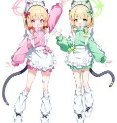 Rule 34 | 2girls, alternate costume, animal ear headphones, animal ears, apron, arm up, bandaid, bandaid on knee, bandaid on leg, bandaid on thigh, black tail, blue archive, blunt bangs, bow, cardcat 00, cat ear headphones, cat ears, cat tail, commentary, crossed bandaids, fake animal ears, fake tail, frilled apron, frills, full body, green bow, green eyes, green halo, green jacket, hair bow, halo, hand up, headphones, heart, highres, jacket, knees, korean commentary, leg warmers, long sleeves, looking at viewer, low-tied sidelocks, maid, maid apron, maid headdress, midori (blue archive), momoi (blue archive), multiple girls, multiple hair bows, no pants, open mouth, parted bangs, pigeon-toed, pink eyes, pink halo, pink jacket, puffy long sleeves, puffy sleeves, red bow, shoes, short hair, siblings, sidelocks, simple background, sisters, smile, standing, tail, twins, unconventional maid, v, white apron, white background, white headdress, white leg warmers, white shoes, zipper pull tab